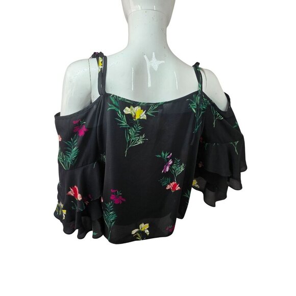 Vince Camuto Black Floral Off-Shoulder Blouse Size M Crop Ruffle Bell Sleeve - Picture 2 of 8